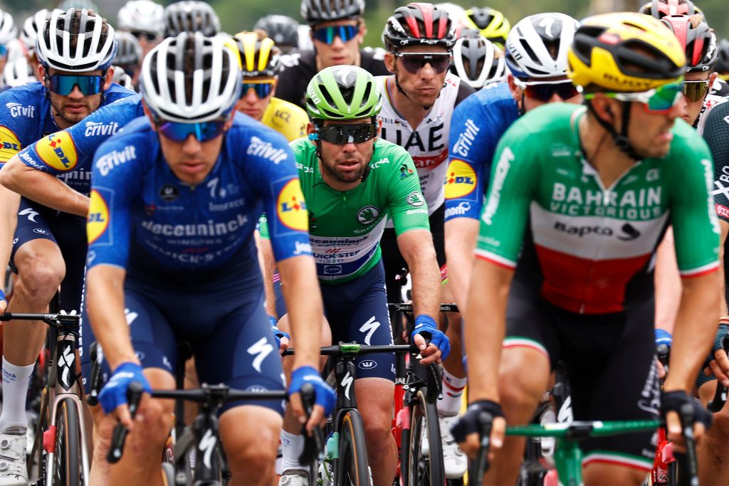 LUZ ARDIDEN FRANCE JULY 15 Mark Cavendish of The United Kingdom and Team Deceuninck QuickStep Green Points Jersey during the 108th Tour de France 2021 Stage 18 a 1297km stage from Pau to Luz Ardiden 1715m LeTour TDF2021 on July 15 2021 in Luz Ardiden France Photo by Chris GraythenGetty Images