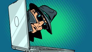 Cartoon of a spy looking out of a laptop