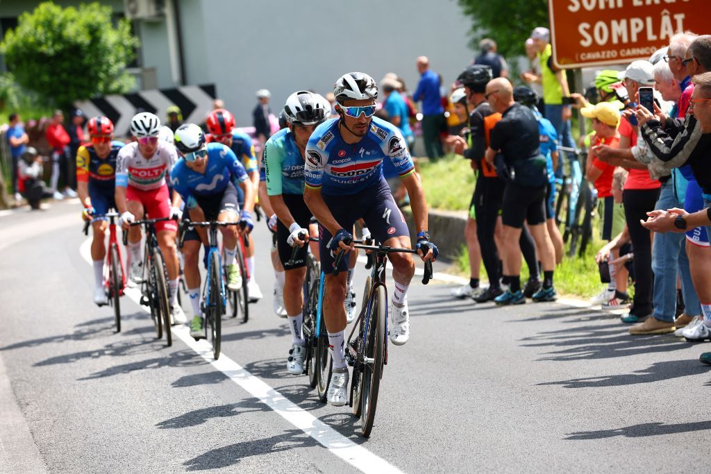 Team Soudal-Quick Step's French rider Julian Alaphilippe rides in the breakaway during the 19th stage of the 107th Giro d'Italia cycling race, 157km between Mortegliano and Sappada on May 24, 2024. (Photo by Luca Bettini / AFP)