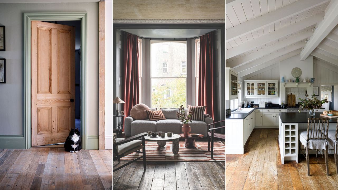 Three images of homes with wooden floors