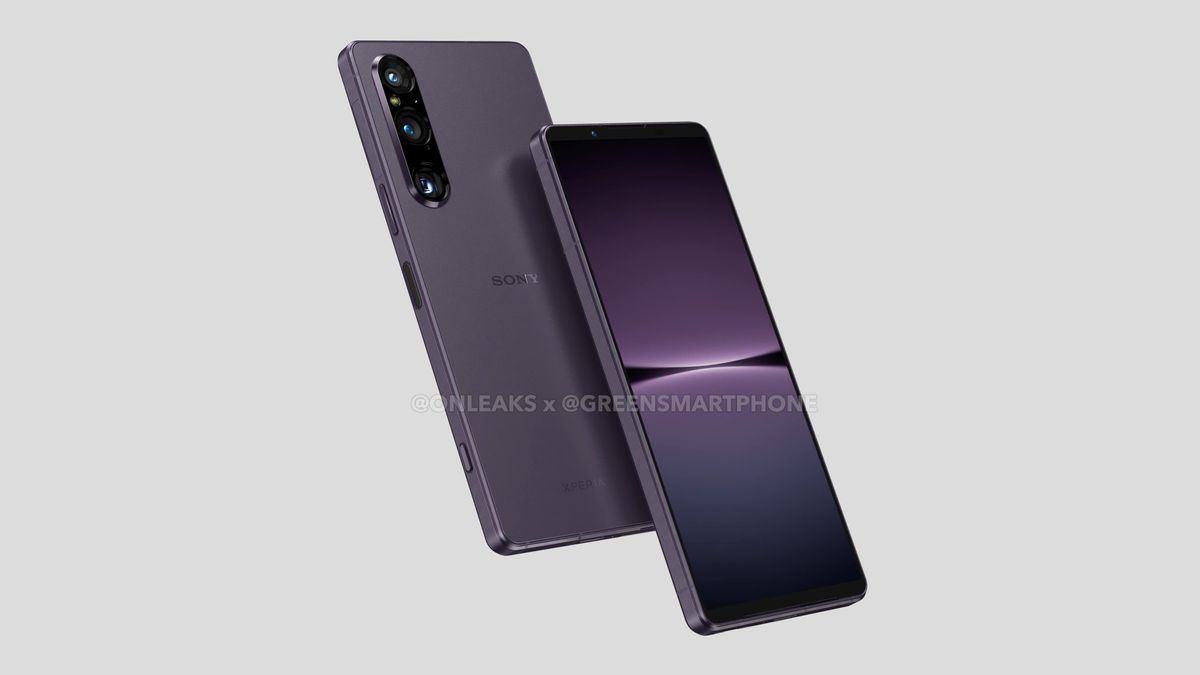A leaked render of the front and back of a purple Sony Xperia 1 V.