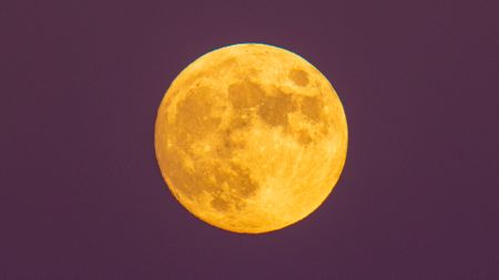 A photograph of the full moon, looking yellow against a purple sky