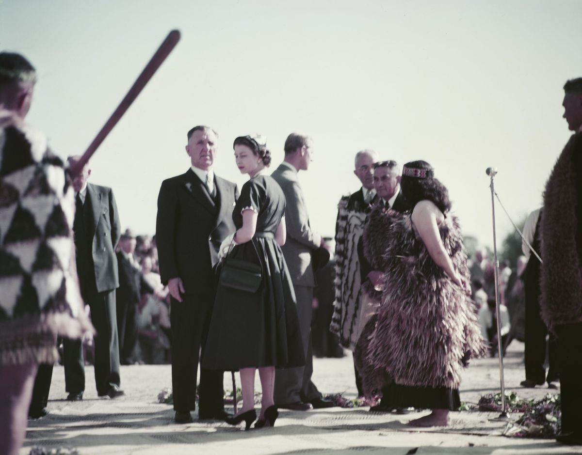 Queen Elizabeth II at Ngaruawahia, New Zealand, during her coronation world tour, 30th December 1953