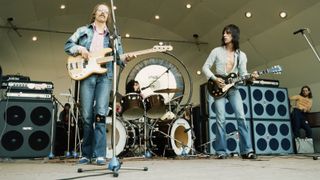 Bass player Tim Bogert, drummer Carmine Appice and guitar player Jeff Beck perform on stage as Beck, Bogert & Appice at Crystal Palace in London, England on September 15 1973.