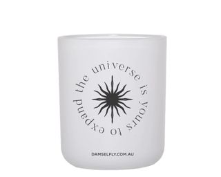 Damselfly Grace Universe Candle in white glass vessel