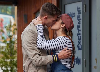 Jacob Gallagher kissing Victoria in Emmerdale. 