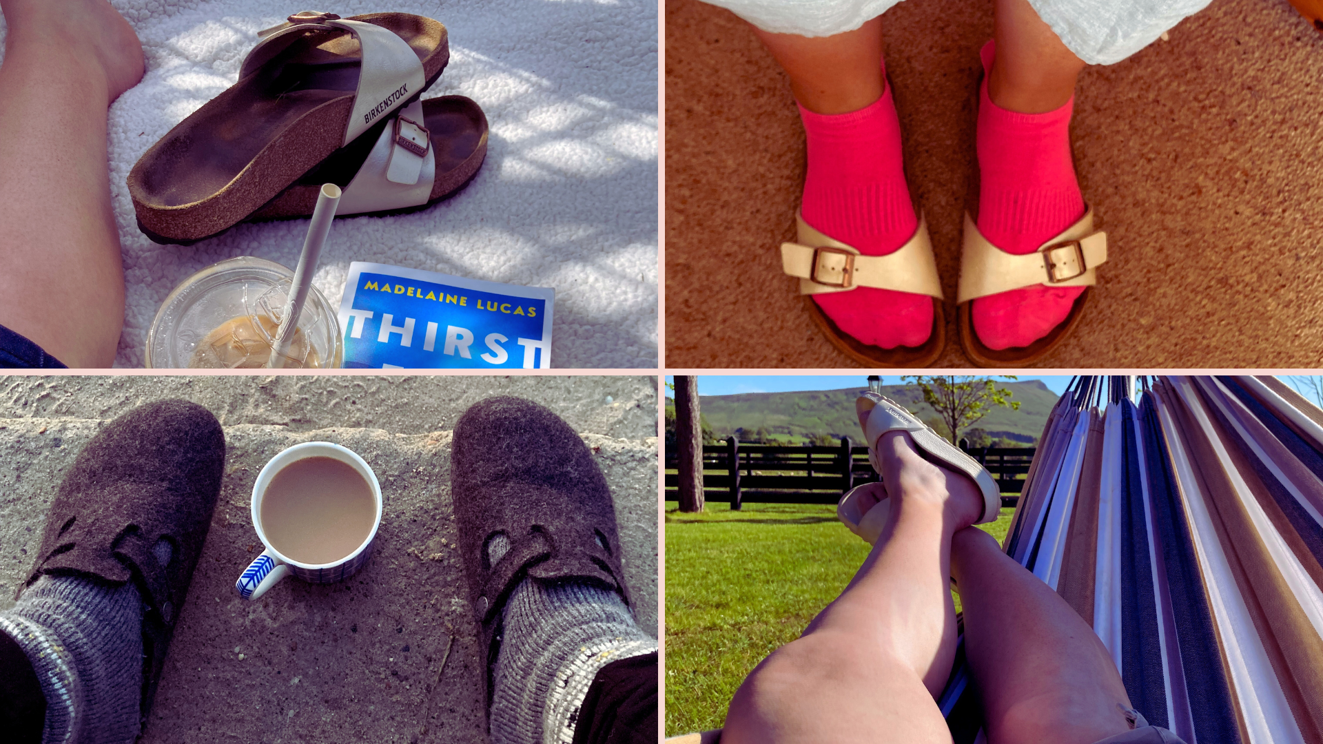 A collage of four images of writer Heidi Scrimgeour wearing different kinds of Birkenstocks