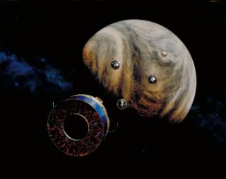 An artist's depiction of NASA's Pioneer-Venus 2 mission and its four descent probes approaching the planet.