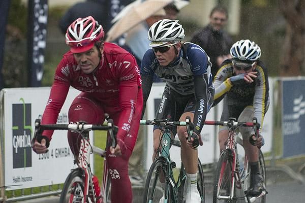 Leading trio: Rhys Pollock (Drapac Porsche) leads Rohan Dennis (Team Jayco Skins) and Blair Windsor (Budget Forklifts) during their winning breakaway on stage one.