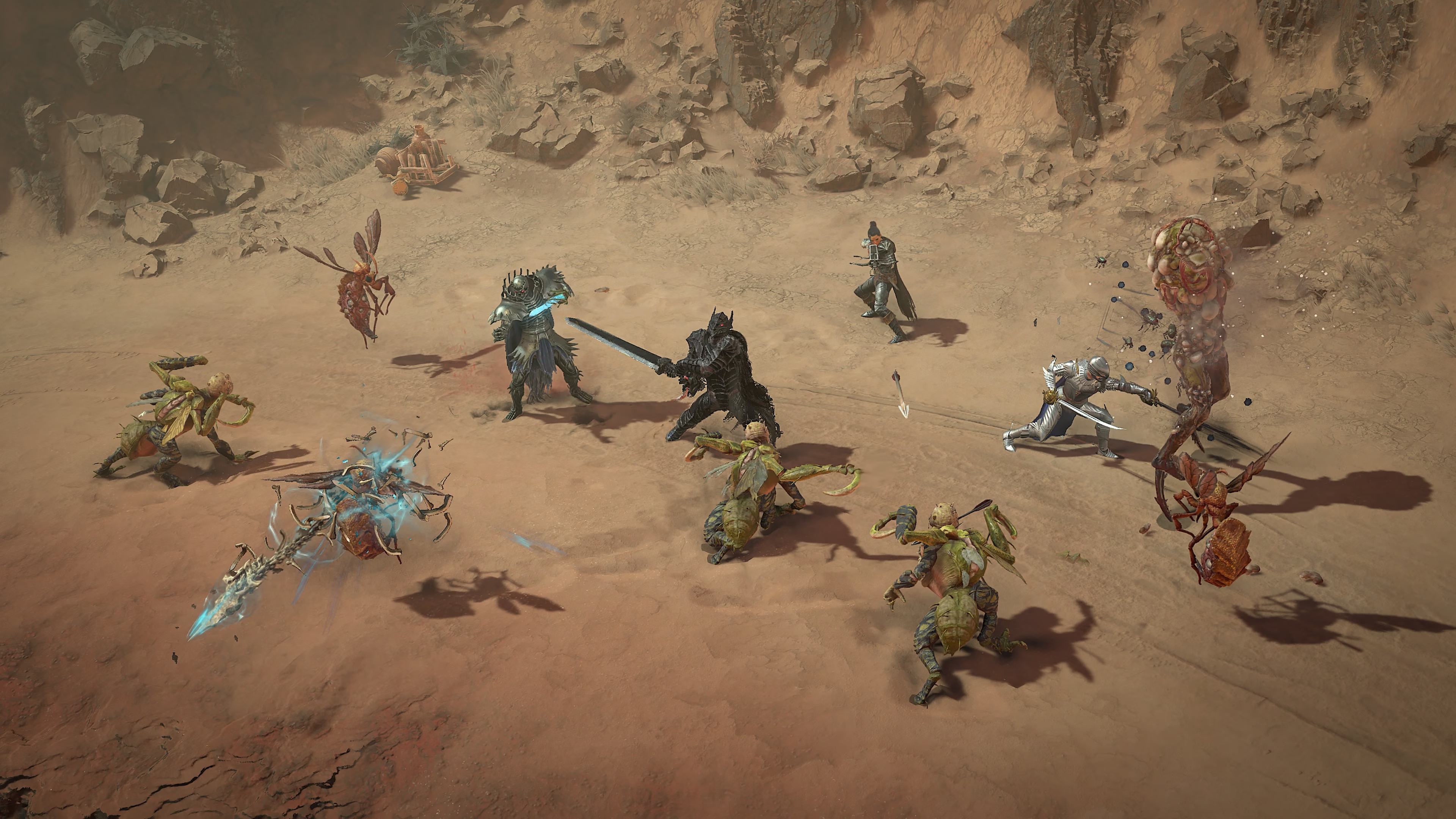 A quartet of Diablo 4 characters wearing crossover armor sets from the Berserk collaboration.