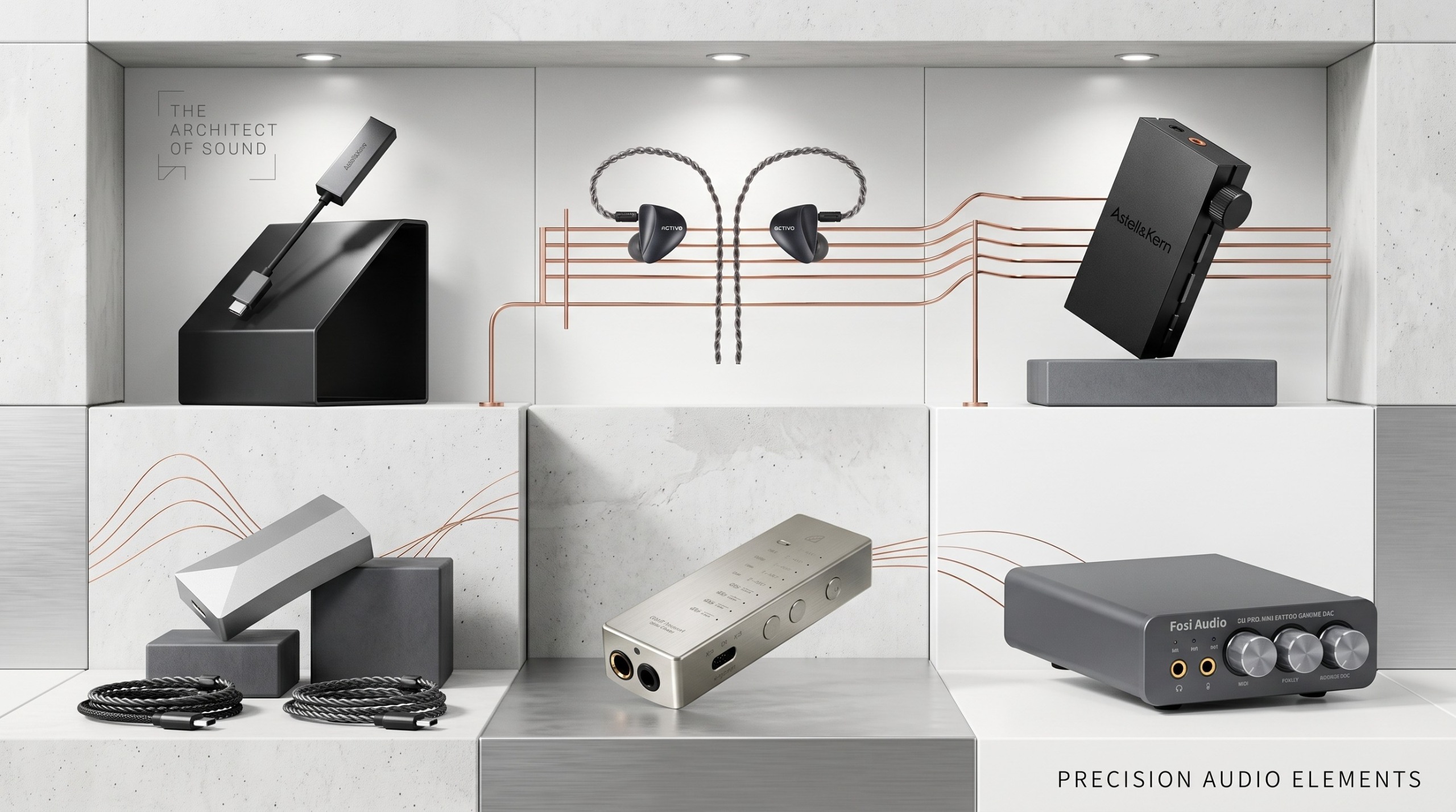 A selection of portable hi-fi products on grey plinths, with a brass rail between them 