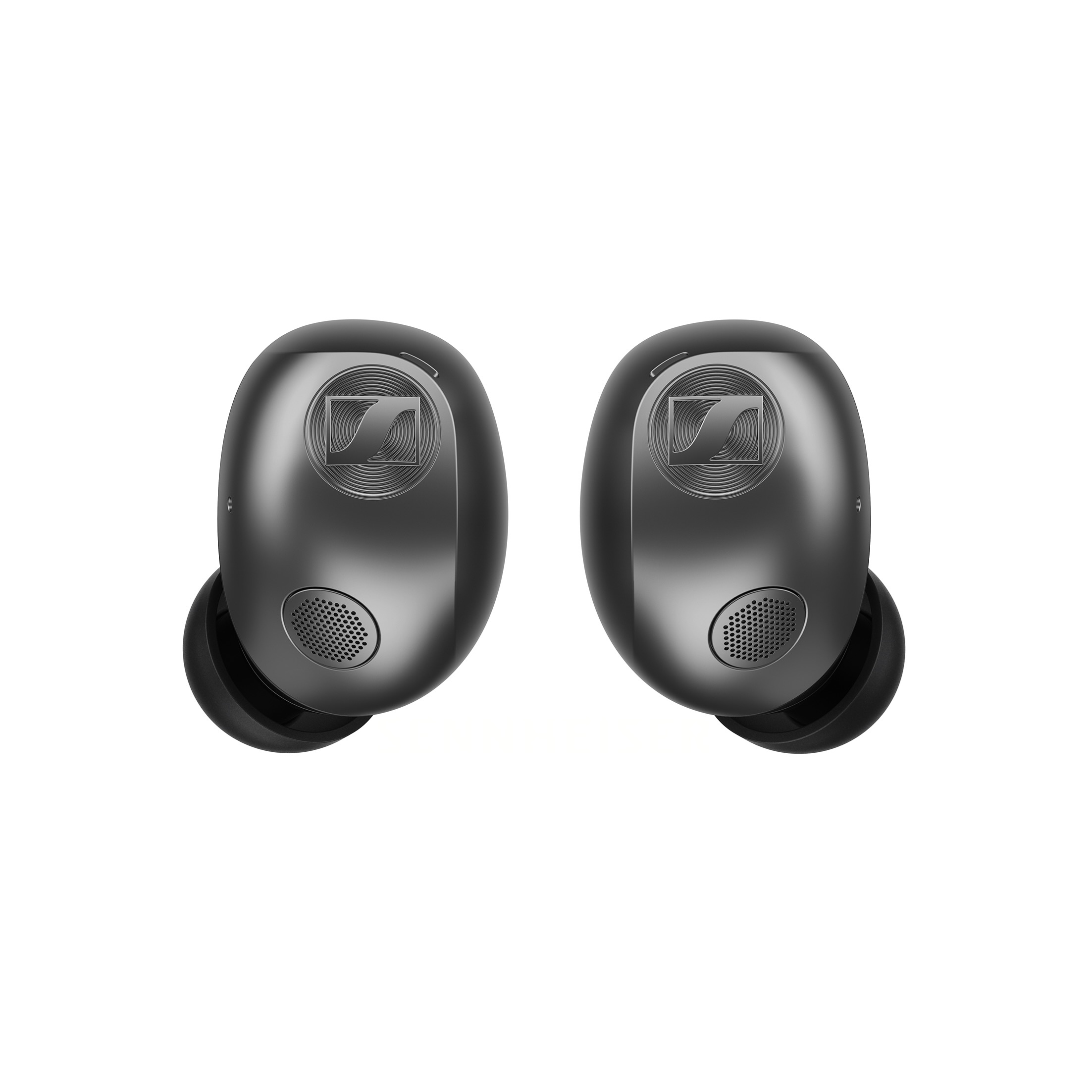 A black pair of Sennheiser Momentum True Wireless 5 earbuds on a white background.