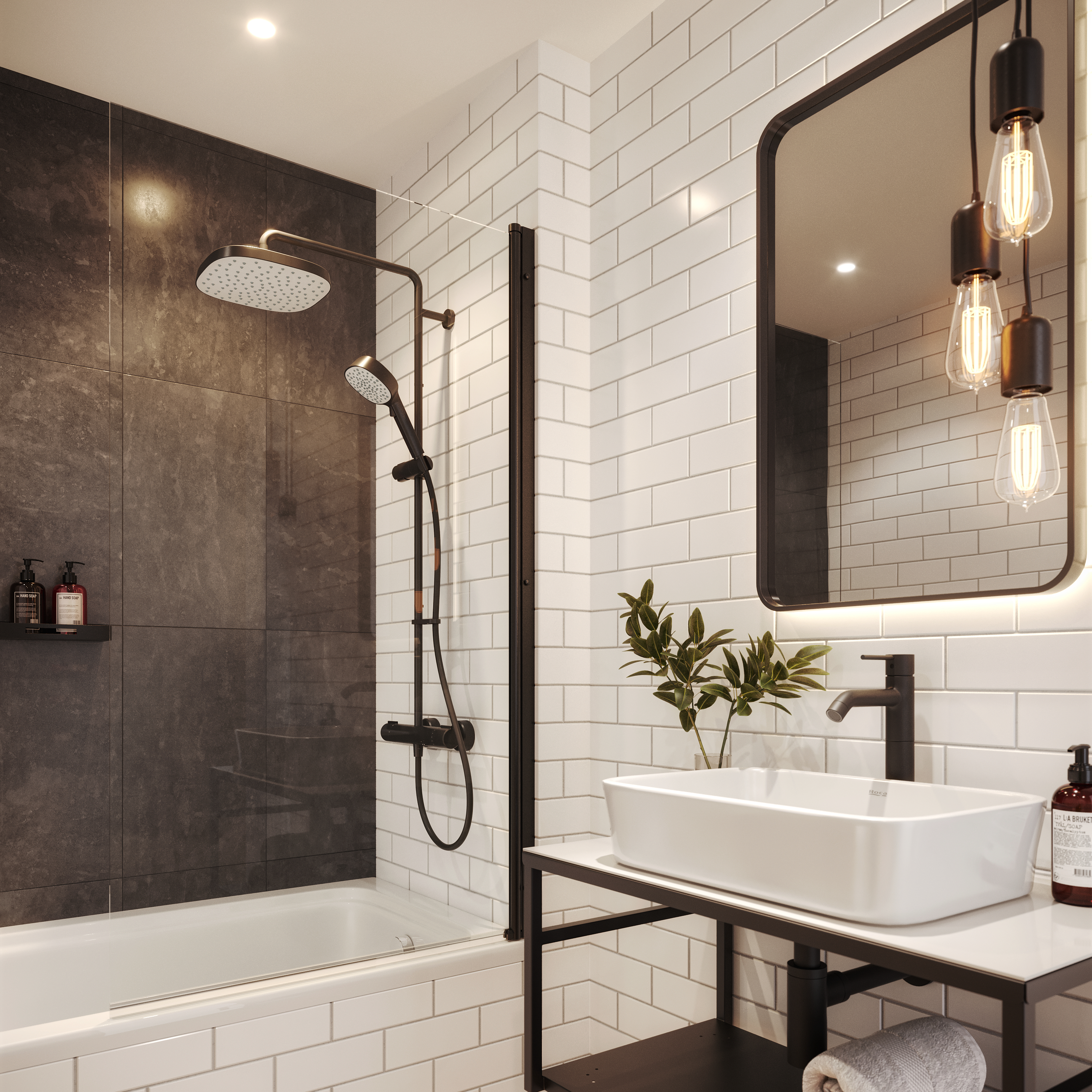 bathroom with shower over bath, subway tiles, black accents, and freestanding sink