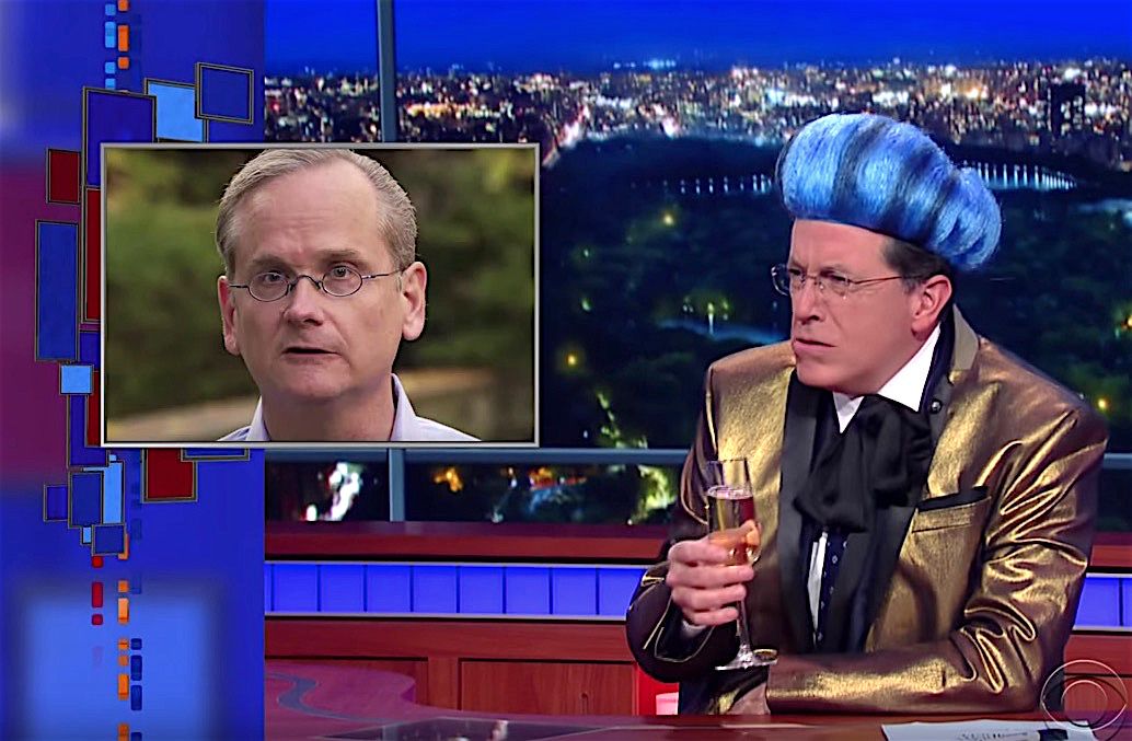 Stephen Colbert gives a half-hearted Hunger Games farewell to Lawrence Lessig