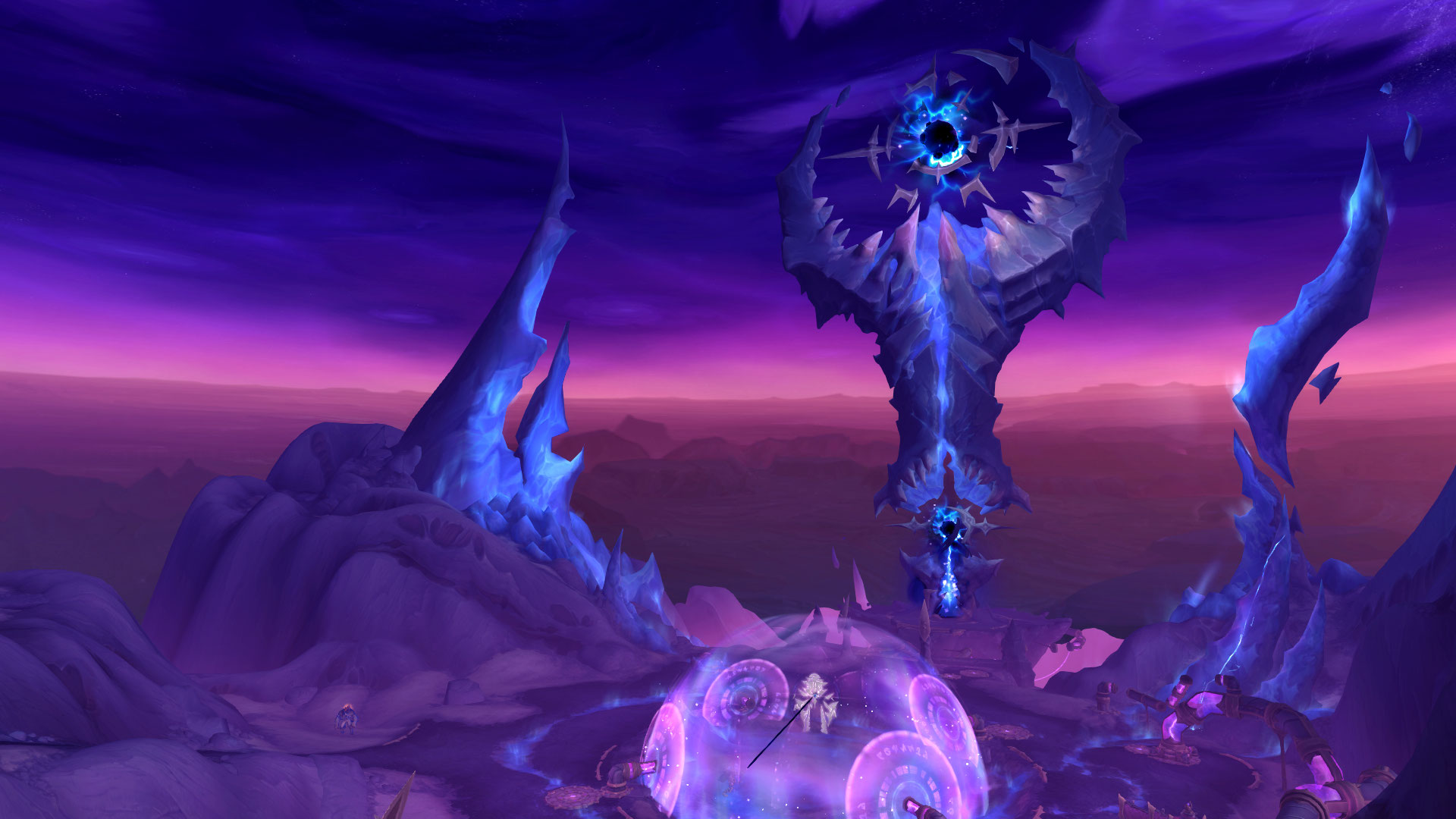 Images showing the Voidstorm in World of Warcraft - deep, purple, foreboding magical space and cragged crystalline cliffsides. 