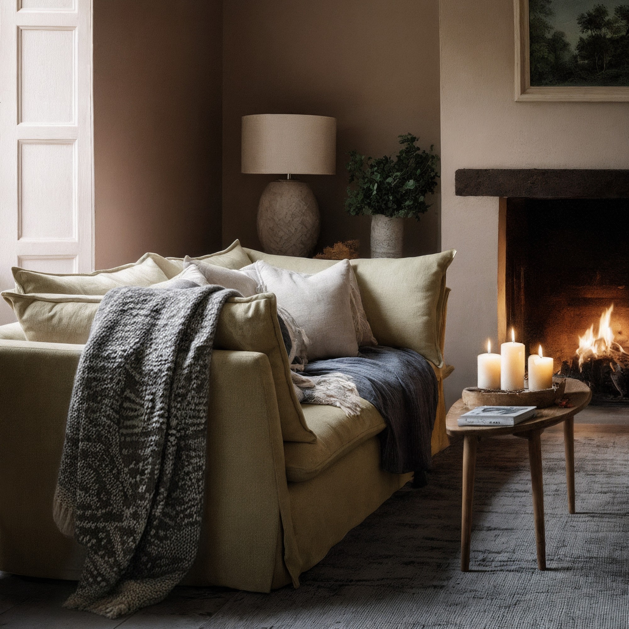 Schplendid&#039;s loose-cover Vesper sofa by a lit fireplace