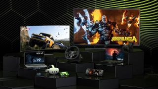 Nvidia GeForce Now concept image with TVs, laptops, Meta Quest and Steam Deck showing games