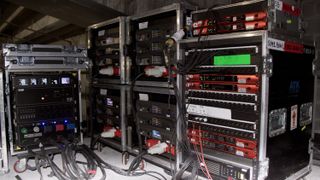 Focusrite solutions in a cabinet rack ready to power Dante-enabled audio at Super Bowl LVII.