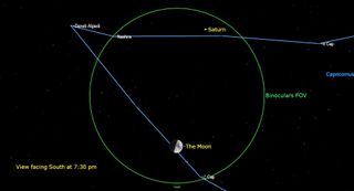 An illustration of the first quarter moon near Saturn in the night sky.