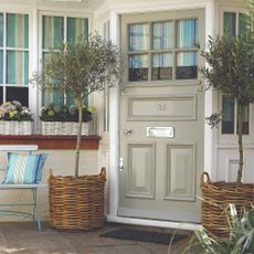 Front door with two olive trees
