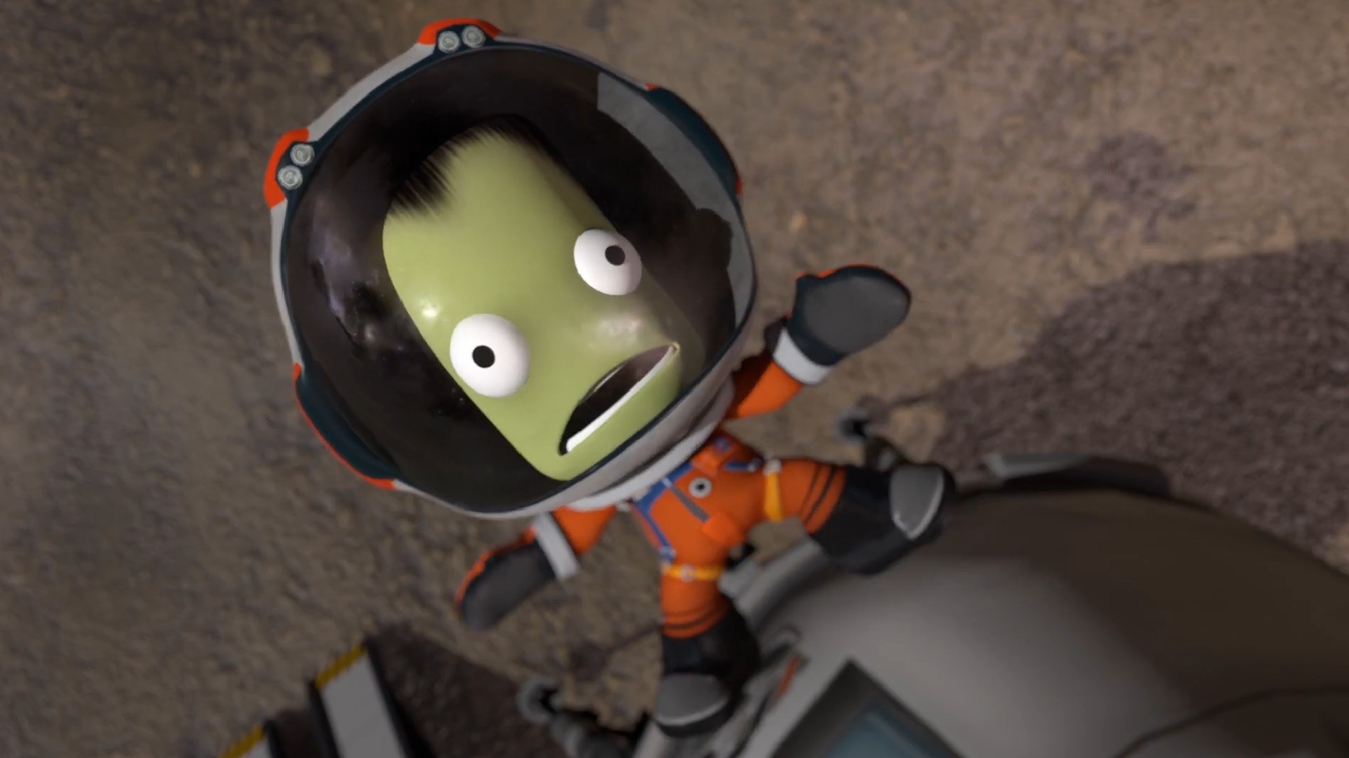 A shocked-looking astronaut in Kerbal Space Program