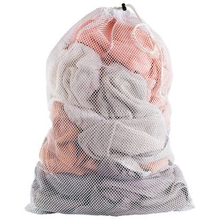 A white mesh laundry bag full of washing