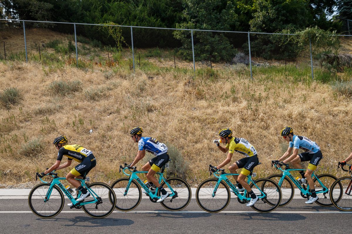 Sepp Kuss surrounded by LottoNL-Jumbo teammates in Utah