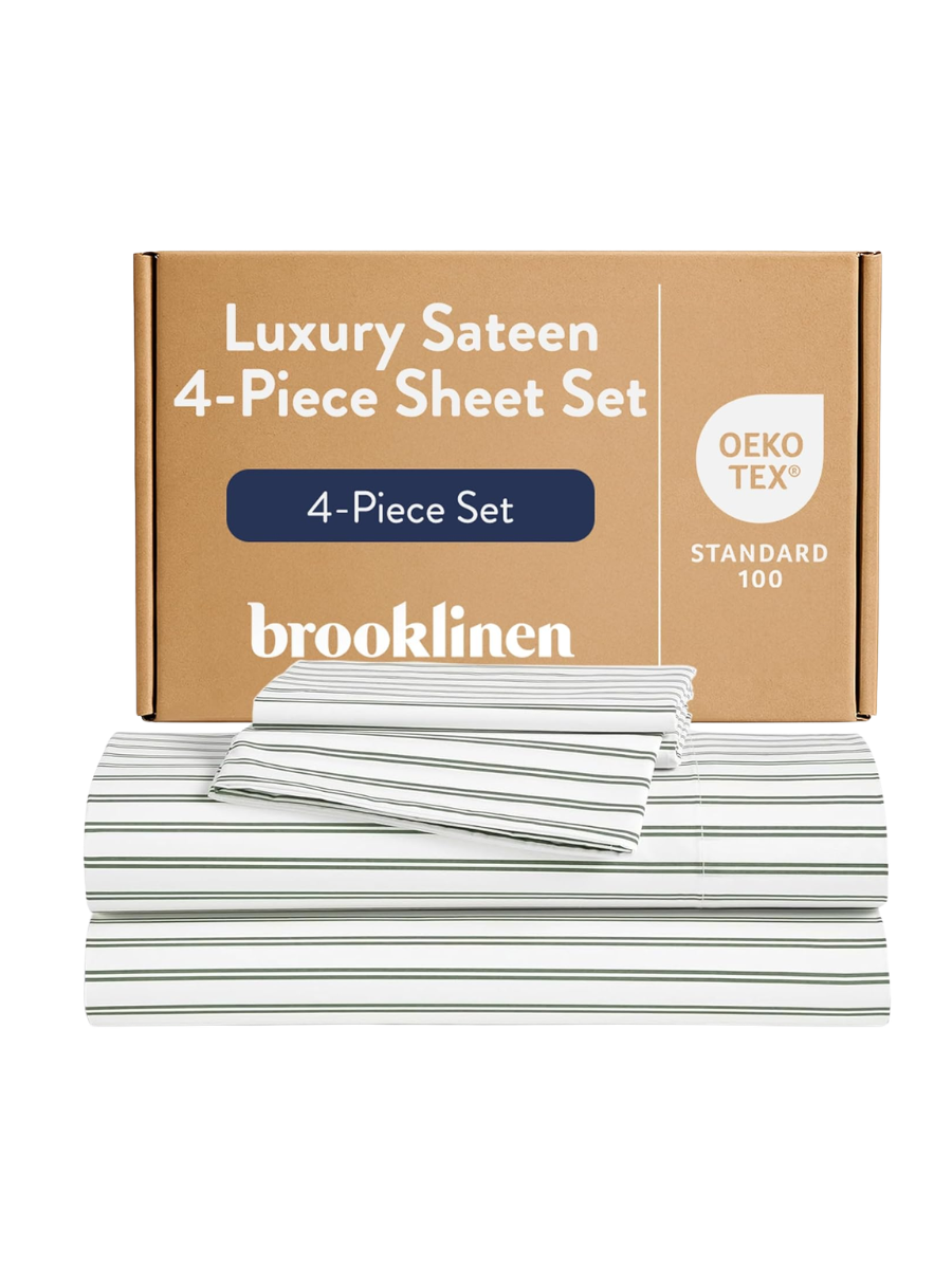 Brooklinen Luxury Sateen 4 Piece Sheet Set - 100% Cotton Bed Sheets, Soft & Durable Twin Sheet Set in Green Tandem Stripe, Oeko-Tex Certified Bedding Set, 1 Fitted Sheet, 1 Flat Sheet, 2 Pillowcases