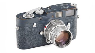 Vintage Leica M2 camera in gray paint photographed for Leitz Photographica Auction 45