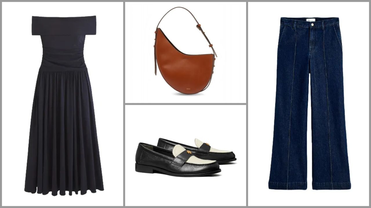 product collage of Madewell Superwide-Leg Trouser Jeans, Tory Burch Classic Leather Loafers, Abercrombie &amp; Fitch Off-The-Shoulder Knit Maxi Dress, Soeur Wino Bag, on white background with grey border 