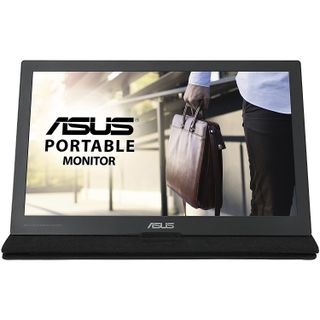 Asus MB169C+ portable monitor with an image of some business person carrying a briefcase. It looks important.