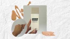 Image of hand holding white and beige Jones Road Everyday Sunscreen bottle, side image of a swatch of the tinted sunscreen on the back of a hand, with swatches of beauty products on a white crumpled background