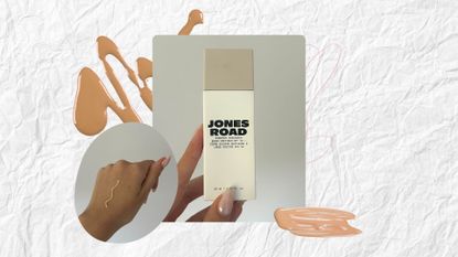 Image of hand holding white and beige Jones Road Everyday Sunscreen bottle, side image of a swatch of the tinted sunscreen on the back of a hand, with swatches of beauty products on a white crumpled background