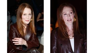 Julianne Moore is picture wearing a brown suit, gold earrings and with her copper hair styles into a straight and sleek look - with some feathered layers at the Bottega Veneta fashion show during the Milan Womenswear Spring/Summer 2025 on September 21, 2024 in Milan, Italy.