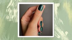 A close up of a hand with dark green nails by nail artist @matejanova/Mateja Novakovic/ in a green and yellow paint template