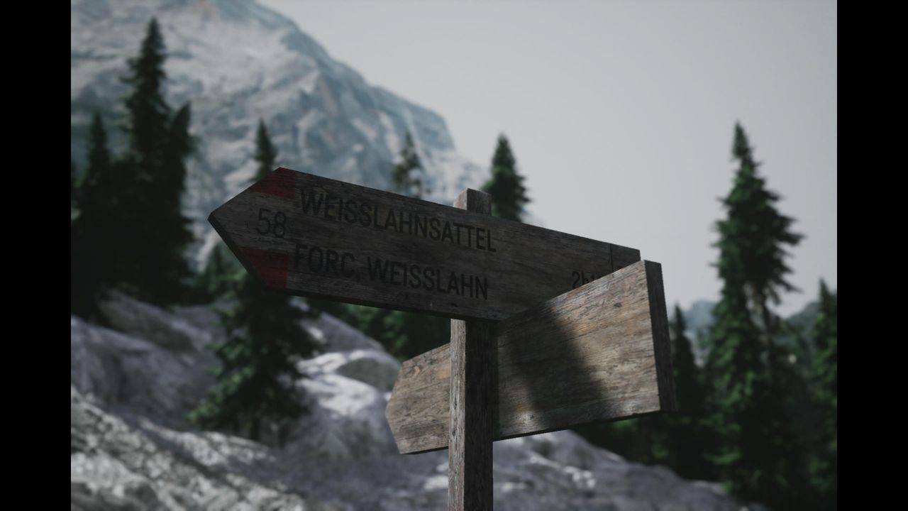Screenshot of the photography simulator game Lushfoil Photography Sim, depicting a wooden sign in snowy mountains