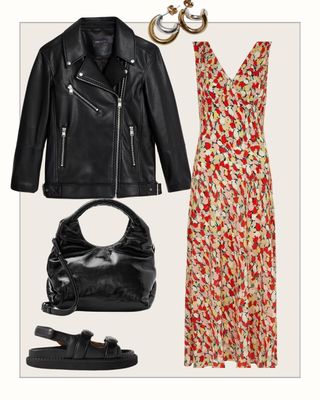 LEATHER JACKET, FLORAL MIDI DRESS, CHUNKY SANDALS