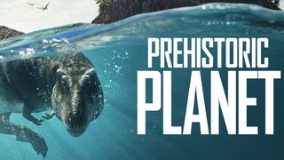 Prehistoric Planet promo image - dinosaur swimming underwater, large font reading Prehistoric Planet