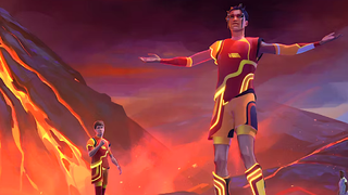 Two footballers celebrate a goal in Rematch Season 1's volcano map.