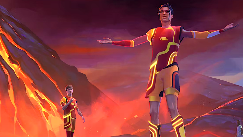 Two footballers celebrate a goal in Rematch Season 1&#039;s volcano map.