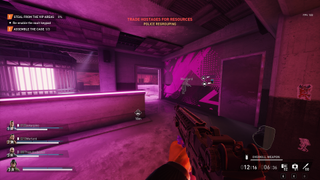Payday 3 screenshot where a player is exploring a nightclub drenched in pink lights