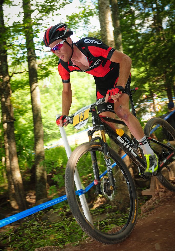Lukas Fl&uuml;ckiger (BMC Mountain Bike) descending Windham Mountain last year.