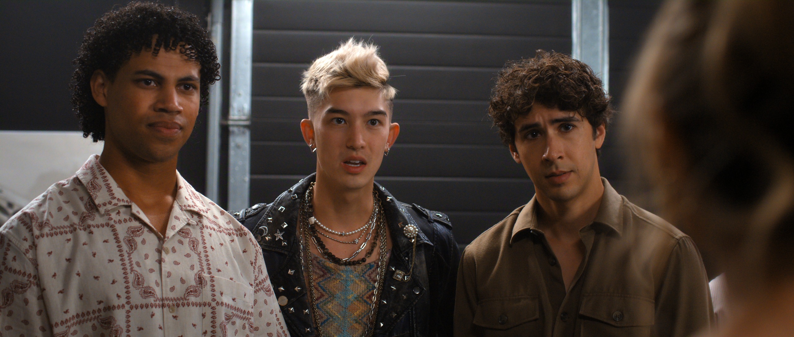 l-r Jude Wilson as Baloo Garner, Connor Wong as Perry Chou and Riley Davis as Noah Bainbridge in Netflix's 'Crew Girl'.
