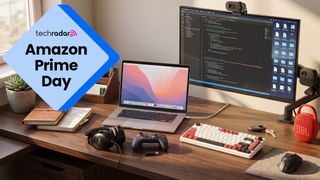 Home office setup with a Prime Day badge