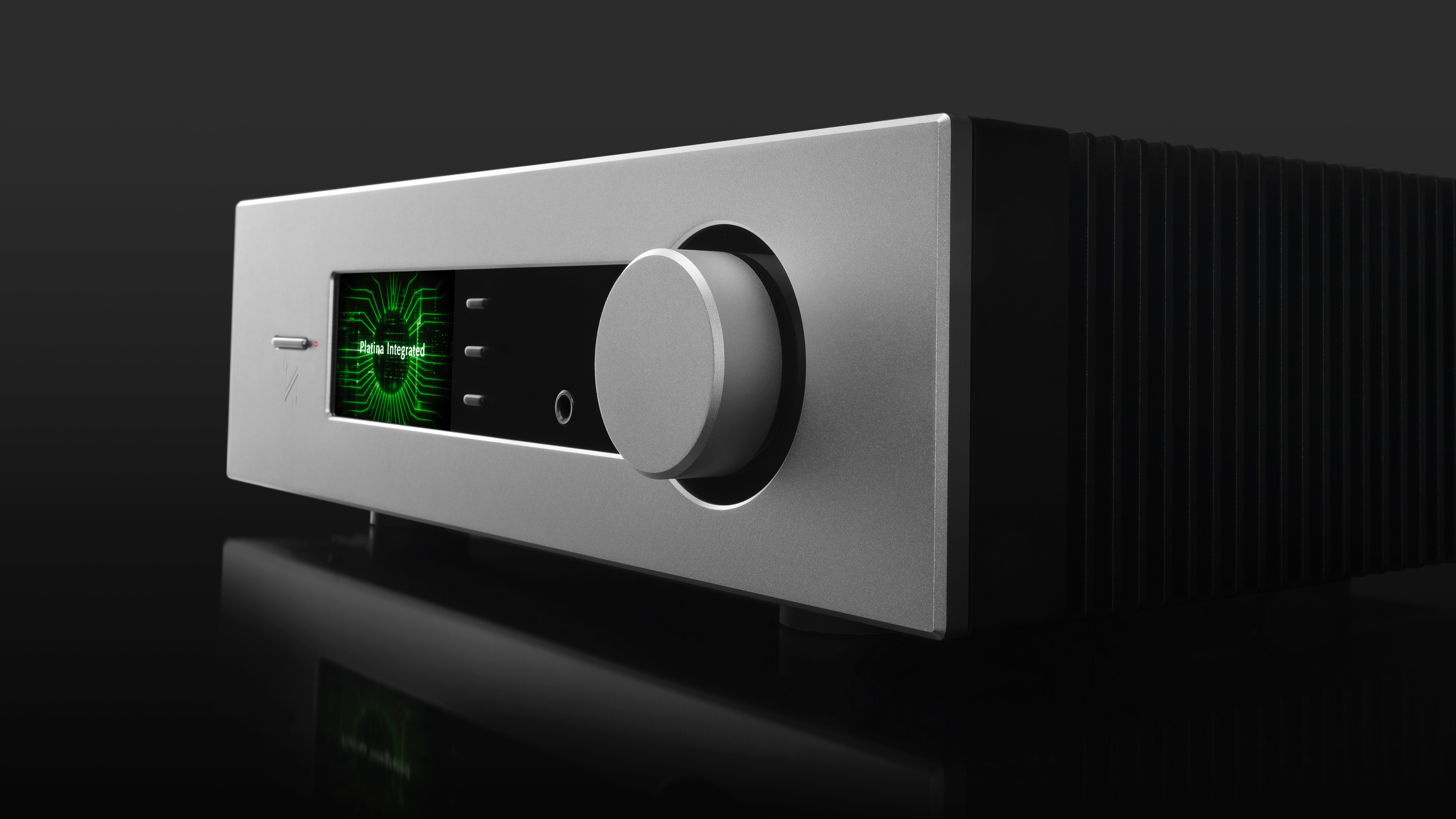 The Quad Platina Integrated amp at a 3/4 angle on a black background.