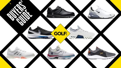 An array of golf shoes in a grid format