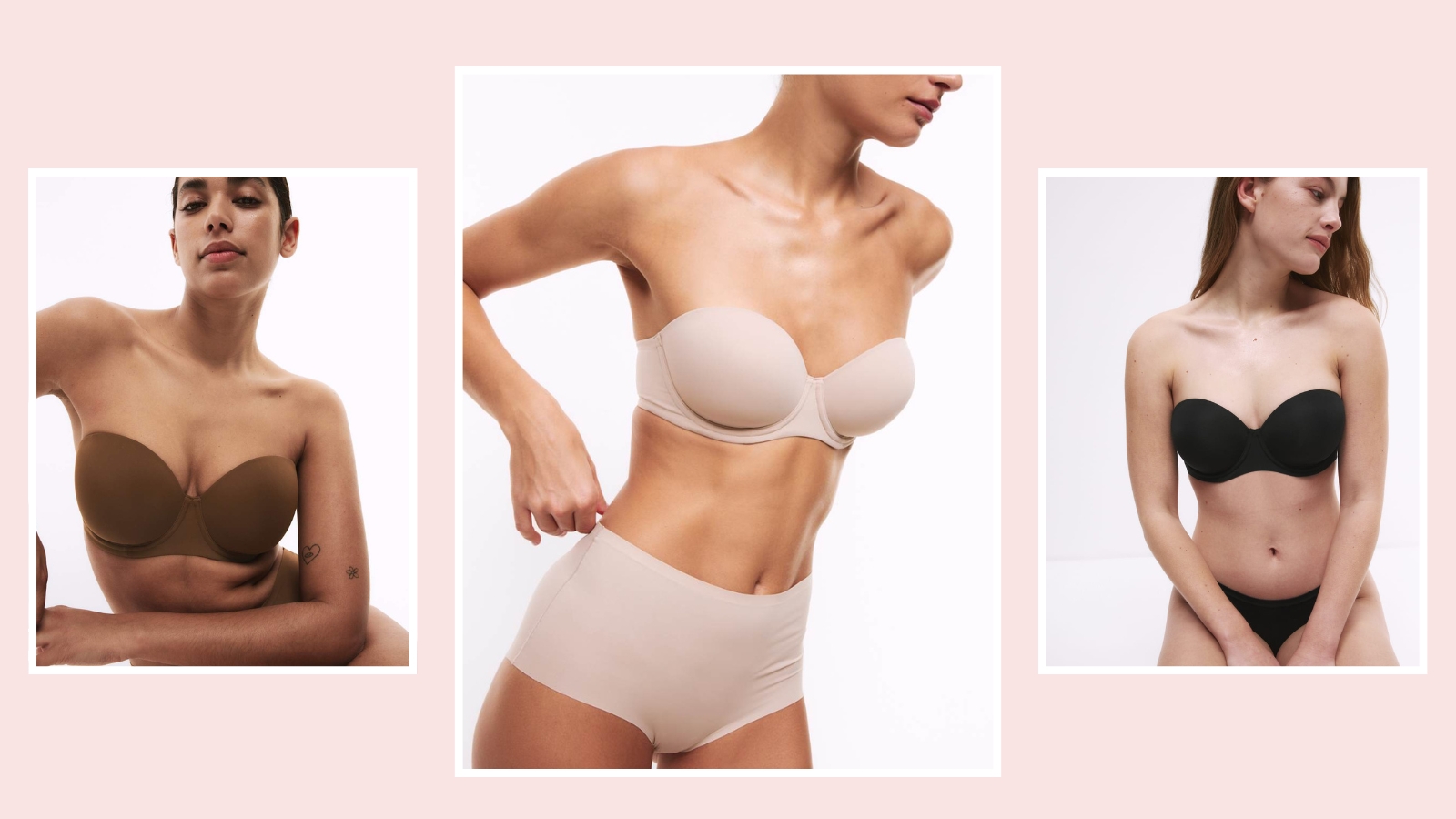 Models wearing different shades of the M&amp;S flexifir underwired multiway bra