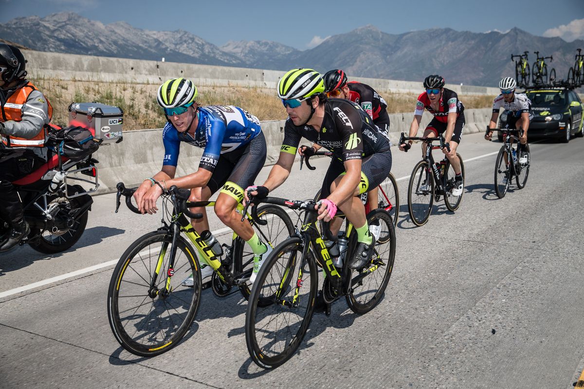 TJ Eisenhart and Ty Magner try to bridge to the leaders near the end of stage 6