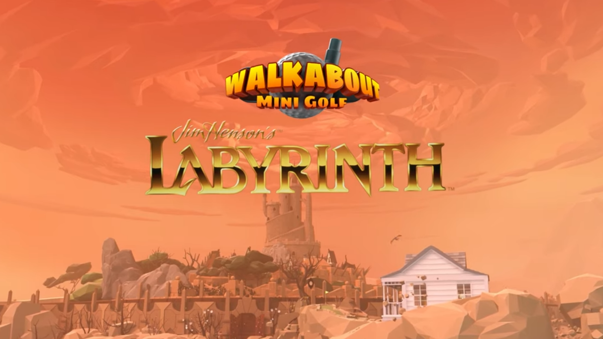 &quot;Walkabout Mini Golf&quot; and &quot;Labyrinth&quot; are written in the sky in front of an arid background with a castle and a labyrinth