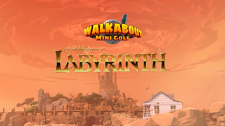 "Walkabout Mini Golf" and "Labyrinth" are written in the sky in front of an arid background with a castle and a labyrinth